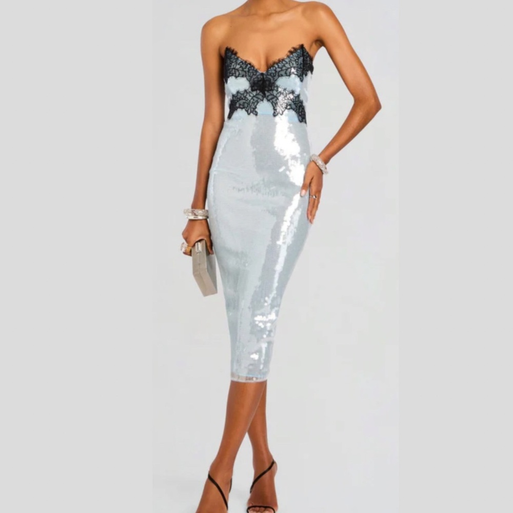 Retrofete Strapless Blue Sequin Dress with Black Lace